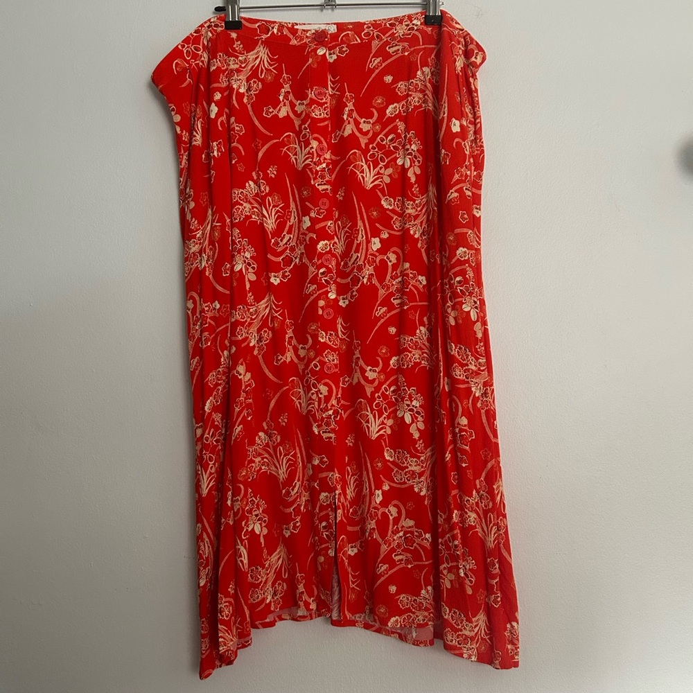 Red and White Floral Skirt with Pockets